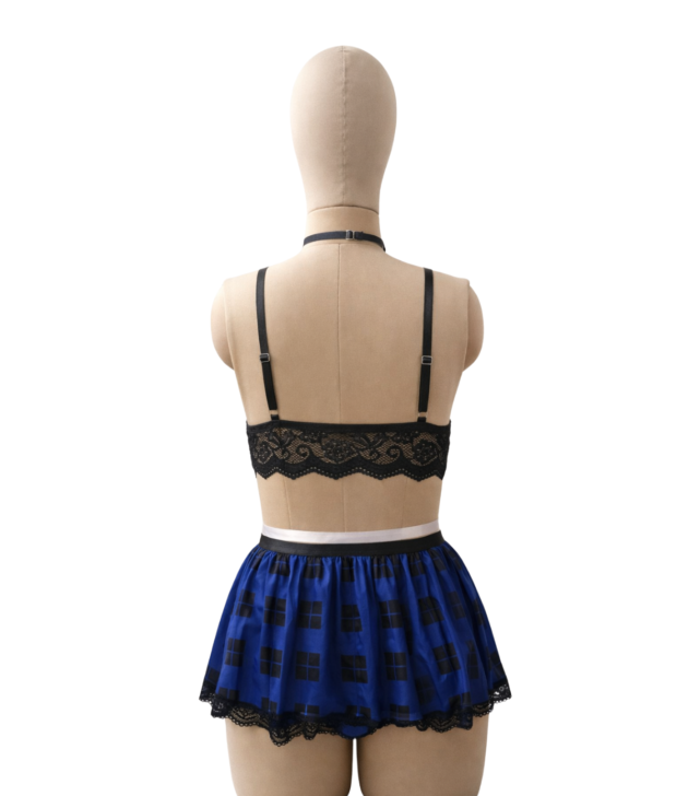 black-lace-bralette-blue-check-skirt-lingerie-set-back-mannequin