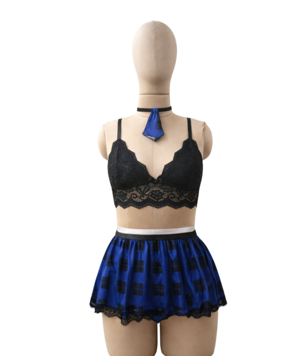 black-lace-bralette-blue-check-skirt-lingerie-set-front-mannequin