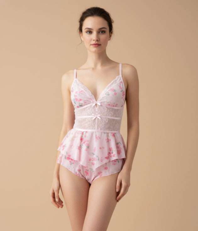 Blush Pink Floral Lace 3-Piece Lingerie Set