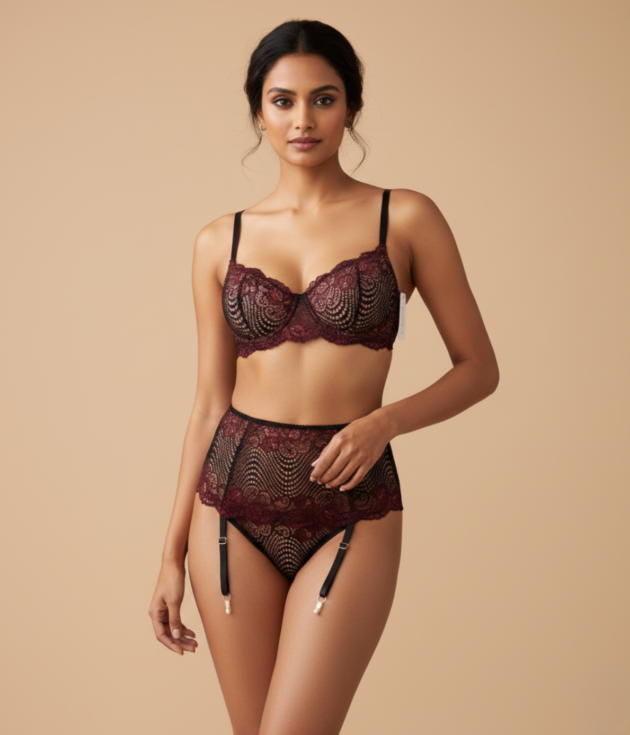 Burgundy & Black Lace Bra, Garter Belt & Thong Set