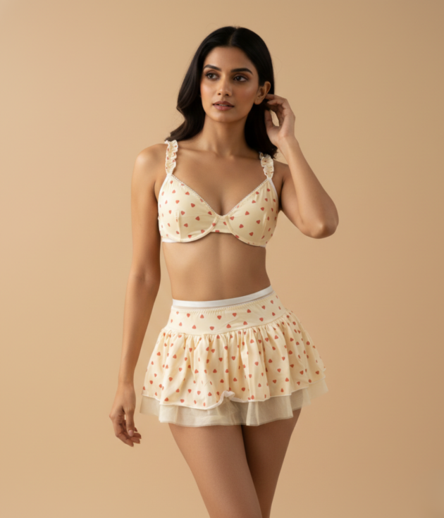 Pastel Yellow Heart Print Bralette & Ruffle Skirt Set