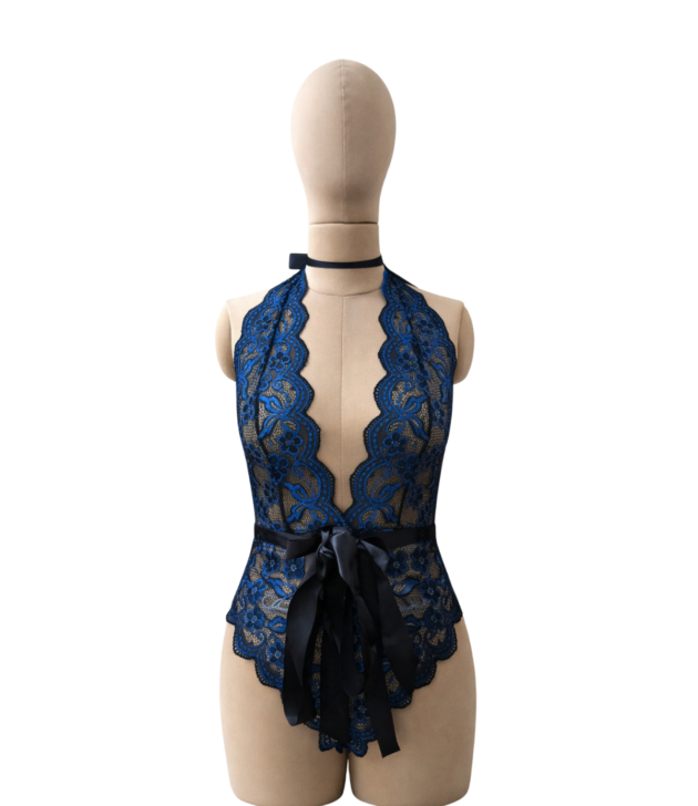 royal-blue-black-lace-plunge-bodysuit-front-mannequin