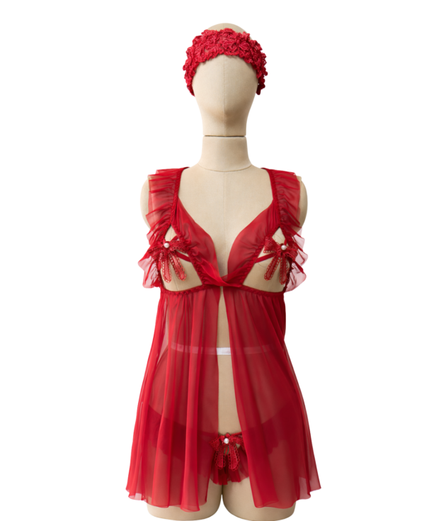 Mesh Babydoll with Ruffle Lace & Bow Detail